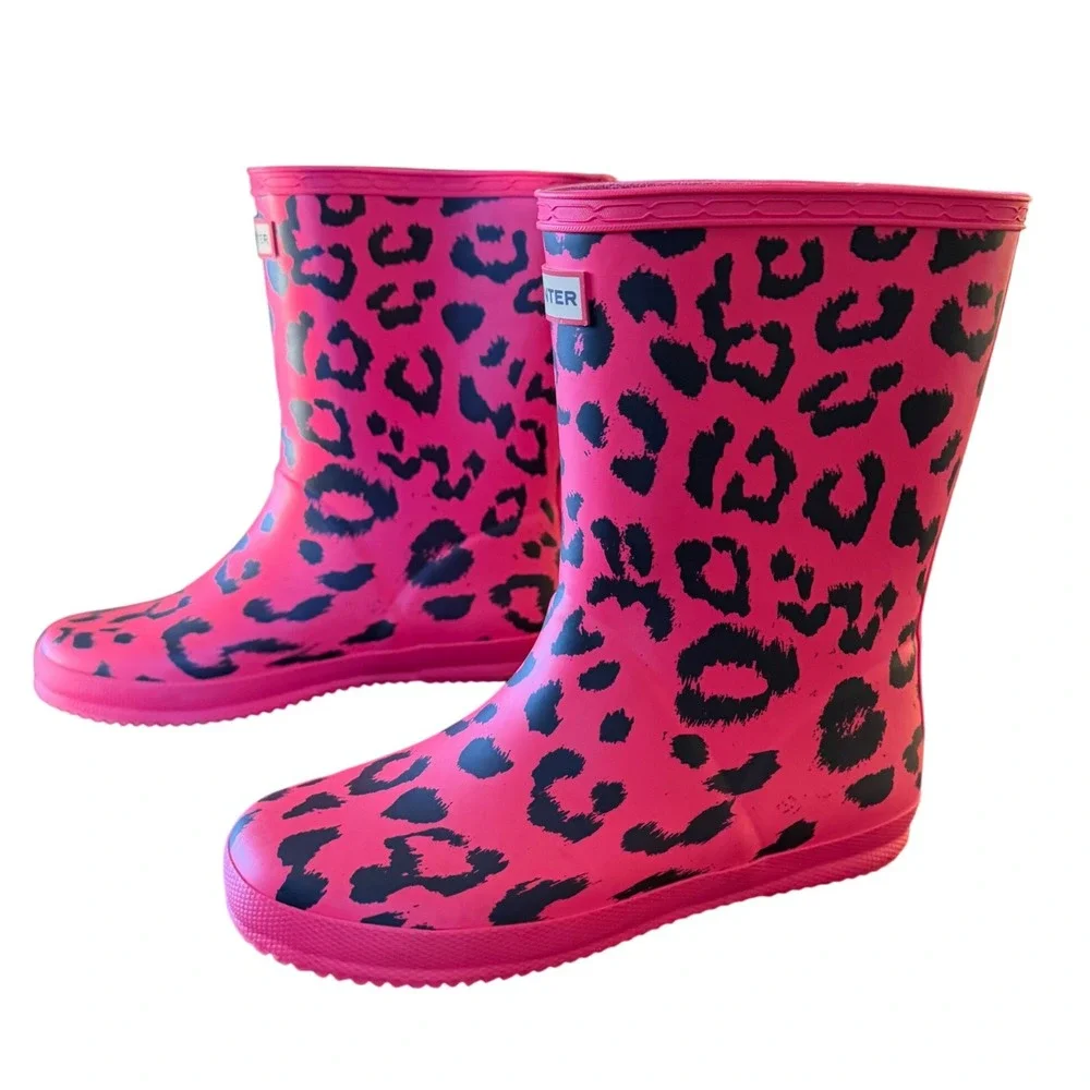 Hunter First Classic Rain Boots Kids Girls 4 Pink Leopard Hybrid Print Adventure